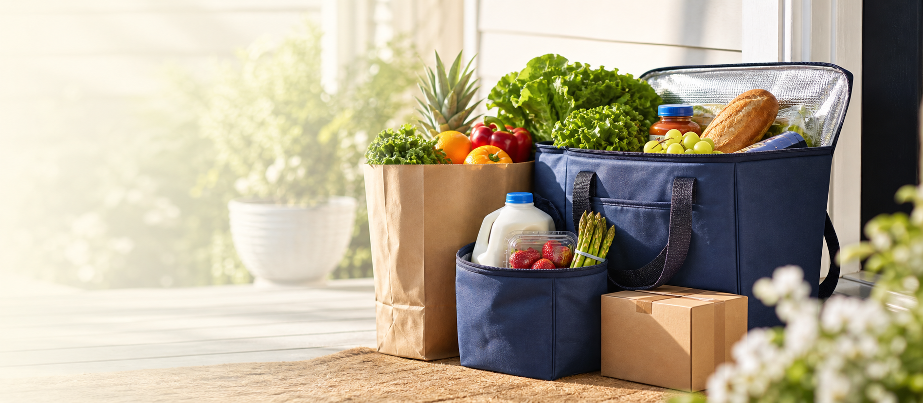 AI-generated grocery delivery banner with insulated tote and fresh food at a doorstep
